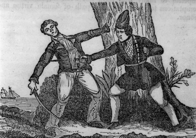 Mary Read killing her antagonist [with a sword]. Illus. in: The Pirates Own Book, 1842, p. 389. Photo Credit