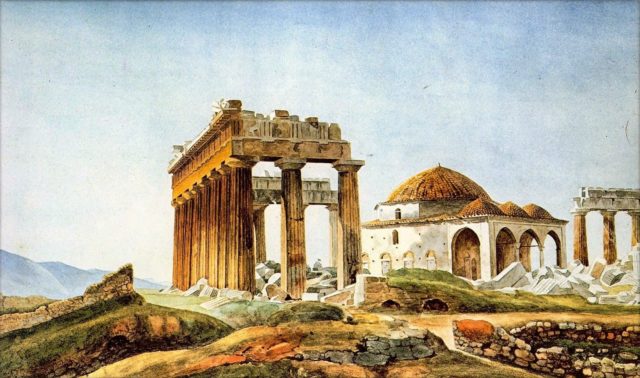 Painting of the ruins of the Parthenon and the Ottoman mosque built after 1715, in the early 1830s by Pierre Peytier. Photo Credit