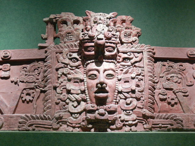 National Museum of Anthropology in Mexico City. Maya mask. Stucco frieze from Placeres, Campeche. Early Classic period (c. 250 - 600 AD. Joyce Kelly 2001 An Archaeological Guide to Central and Southern Mexico, Photo