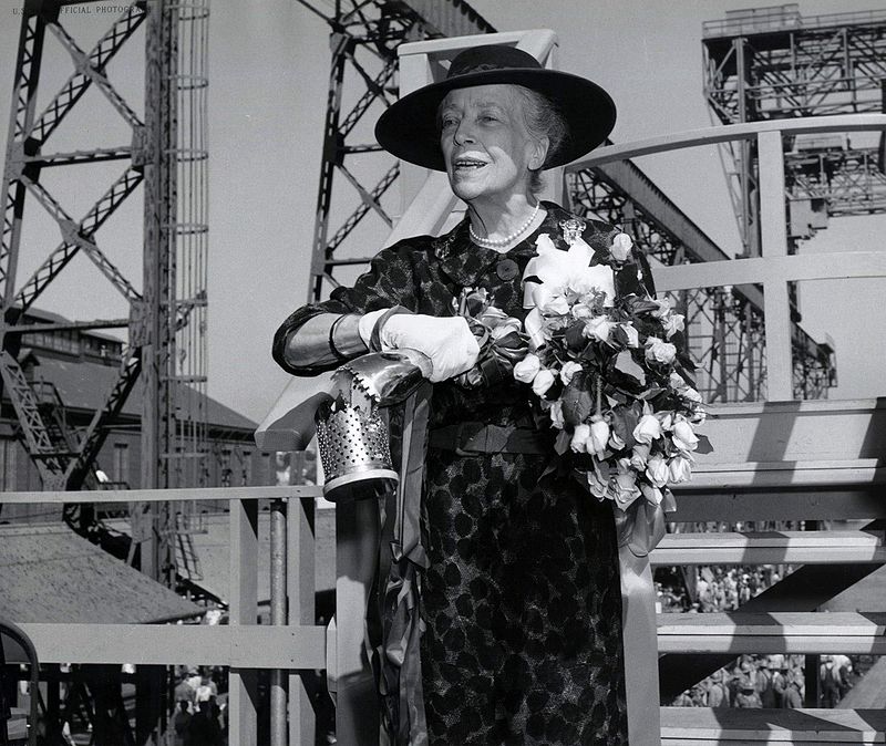 Alice Roosevelt Longworth christening the submarine named after her father, the USS Theodore Roosevelt, in 1959