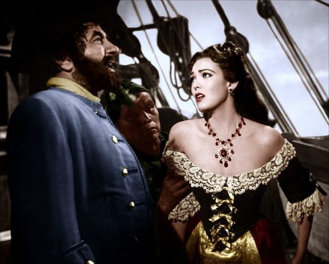 Newton and Linda Darnell in Blackbeard the Pirate (1952).