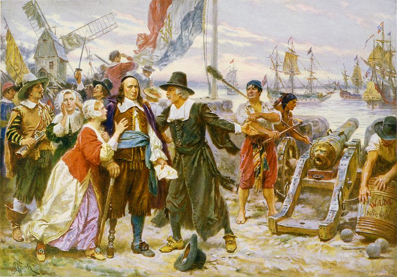 The Fall of New Amsterdam, by Jean Leon Gerome Ferris. Peter Stuyvesant (left of center, with wooden leg) stands on shore among residents of New Amsterdam who plead with him not to fire on the English warships
