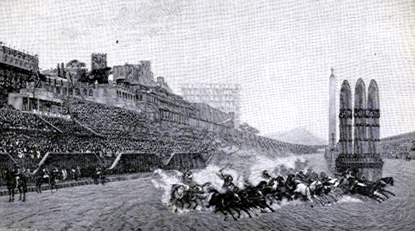 A chariot race in the Roman era