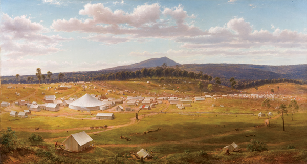 Ballarat’s tent city just a couple of years after the discovery of gold in the district. Oil painting from an original 1853 sketch by Eugene von Guerard.