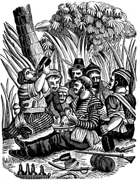 Bartholomew Roberts's crew carousing at the Calabar River. Most of the crew were drunk when the Swallow appeared