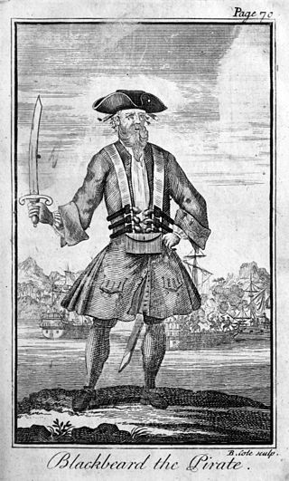 Blackbeard, as pictured by Benjamin Cole in the second edition of Charles Johnson's General Historie.