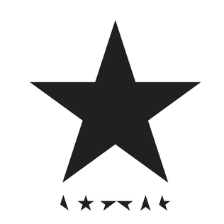 A white background with a large black star and smaller parts of a five-pointed star that spell out "BOWIE".
