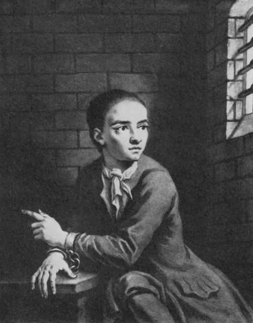 Jack Sheppard, in Newgate Prison awaiting execution, in an engraving by George White from 1728