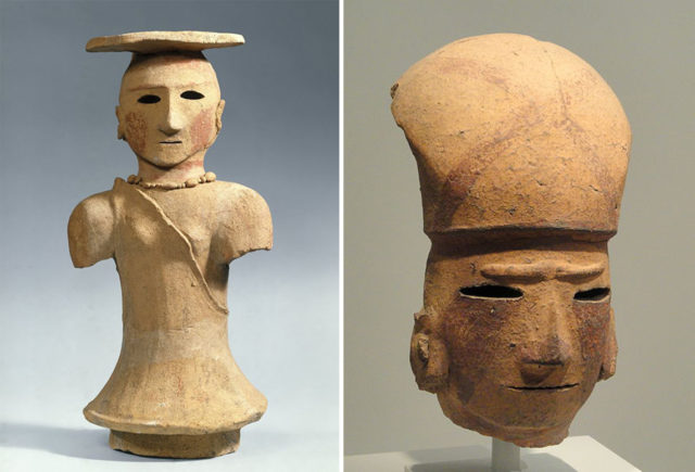 Left – Haniwa Figure of a Shamaness, 5th-6th century. Photo Credit Right – Head of a Warrior, 6th century AD, Japan. Photo Credit1 Photo Credit2