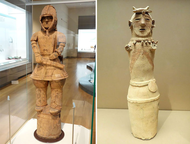 Left – Haniwa warrior in keikō type armor. Photo Credit Right – Haniwa in the form of a female shaman, 300-552 AD, Asian Art Museum of San Francisco. Photo Credit1 Photo Credit2