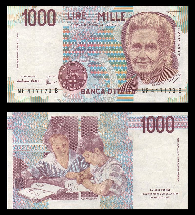 Italian 1000 Lire banknote representing Maria Montessori   Author:  CC BY-SA 3.0