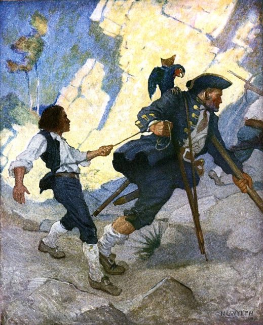 Long John Silver and his parrot leading Jim Hawkins in "The Hostage", illustration by N. C. Wyeth, 1911.