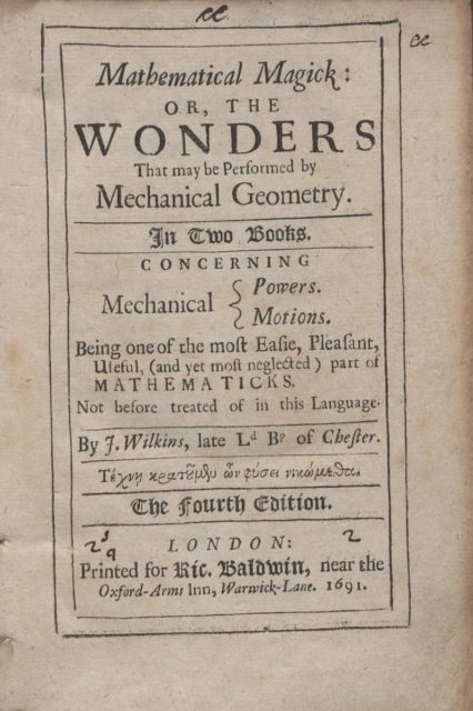 John Wilkins' Mathematicall magick, 1691.