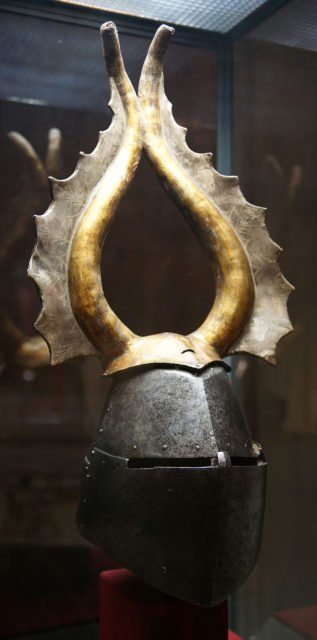 Funeral helmet of the von Pranckh family, 14th century, with the crest of two bullhorns  Photo Credit