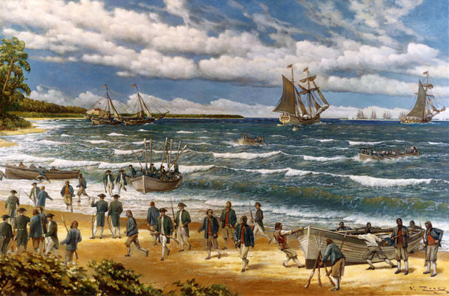 Oil painting on canvas by V. Zveg, 1973, depicting Continental Sailors and Marines landing on New Providence Island, Bahamas, on 3 March 1776.