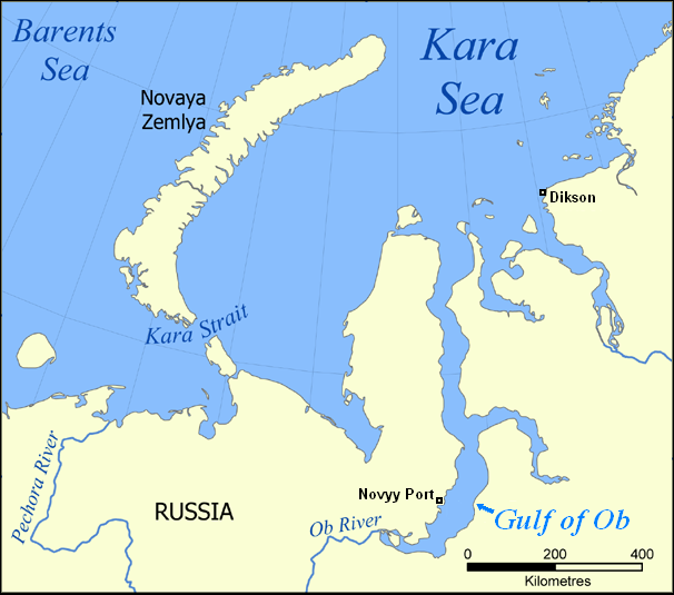 This map shows the area around the Gulf of Ob (Russia) Photo Credit
