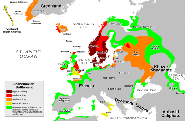 Map showing area of Scandinavian settlement in the eighth (dark red), ninth (red), tenth (orange) century