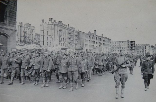 German POWs marching through the Ukrainian city of Kiev under Soviet guard.