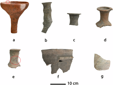 Analyzed Mijiaya artifacts not included in Fig. 1. Artifacts and their discovery contexts from the upper row to the lower row: (A) funnel 2 (H78), red circle indicating the sampling location of control sample 3; (B) pot 1 (H82); (C) pot 2 (H82); (D) pot 4 (H82); (E) pot 5 (H78), red circle indicating the sampling location of control sample 1 and control sample 4; (F) pot 7 (H78); (G) stone adze (H78). Photo Credit