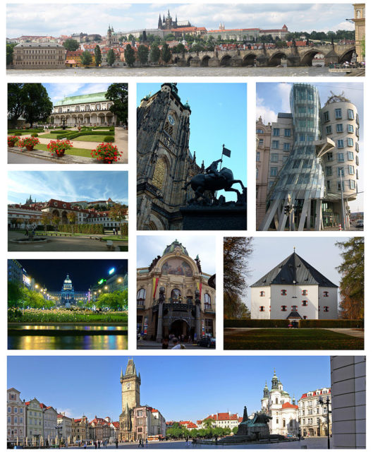 Montage of Prague, clockwise from top: Panorama of Prague Castle and Charles Bridge, Dancing House, Star Villa, Old Town Square, Wenceslas Square, Wallenstein Palace, Royal Garden at Prague Castle, St. Vitus Cathedral and Municipal House Photo Credit