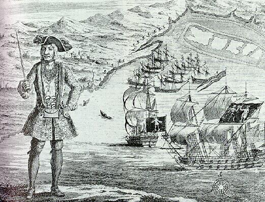Bartholomew Roberts with his ship and captured merchant ships in the background.