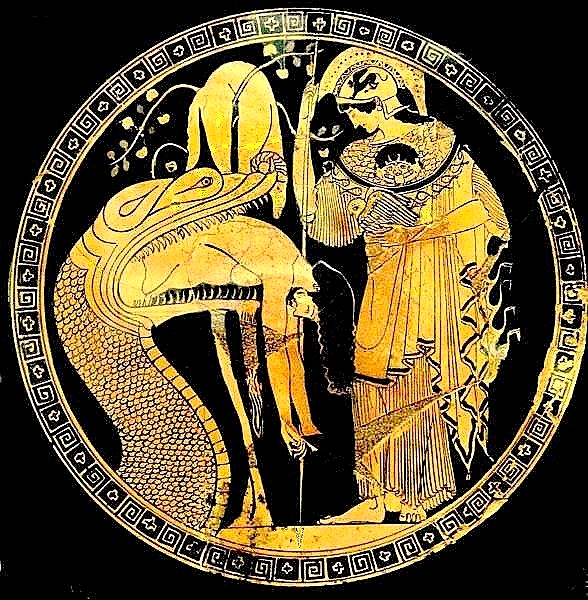 Athena wears the ancient form of the Gorgon head on her aegis, as the huge serpent who guards the golden fleece regurgitates Jason; cup by Douris, Classical Greece, early fifth century BC (Vatican Museum) Photo Credit