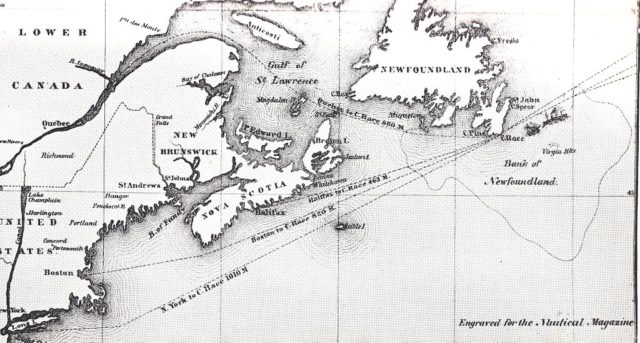 Map (1854) showing the position of the collision (upper right) between the Arctic and Vesta, (roughly 46° 45’N, 52° 06’W)[29] and the relative positions of land: Newfoundland, Halifax, Quebec, and New York.