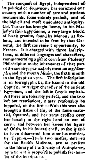 Report of the arrival of the Rosetta Stone in England in The Gentleman’s Magazine, 1802