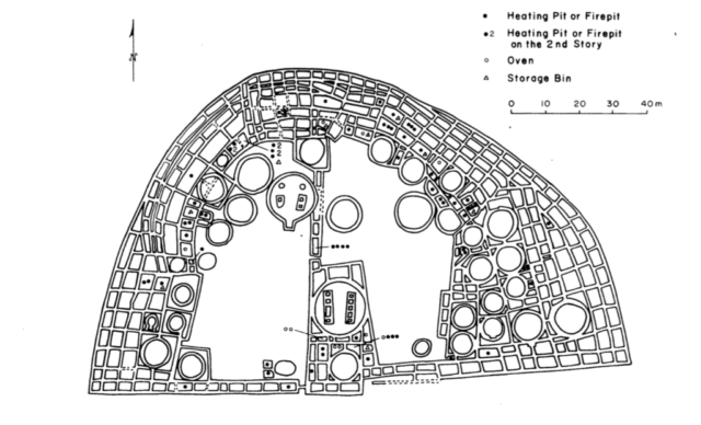 An archaeological map Pueblo Bonito marking the locations of major finds