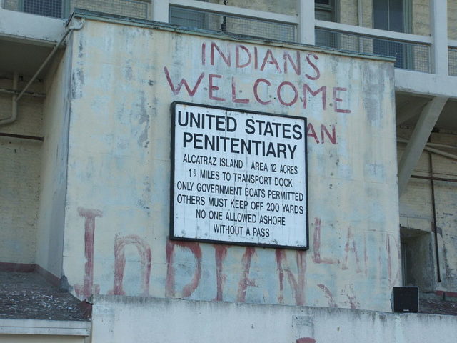 A lingering sign of the 1969–71 Native American Alcatraz Occupation in 2006. The “AN” is what remains of an alteration made to the sign, to make it read “United Indian Property.” Photo Credit