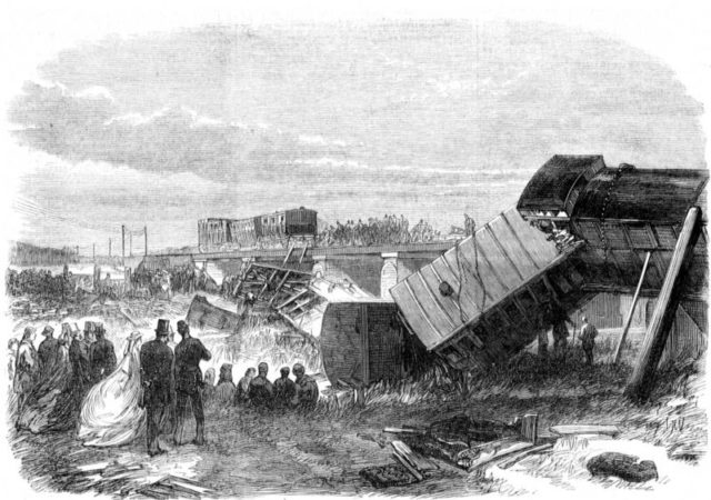 Illustration of the aftermath of the Staplehurst railroad crash from the Illustrated London News, 1865.