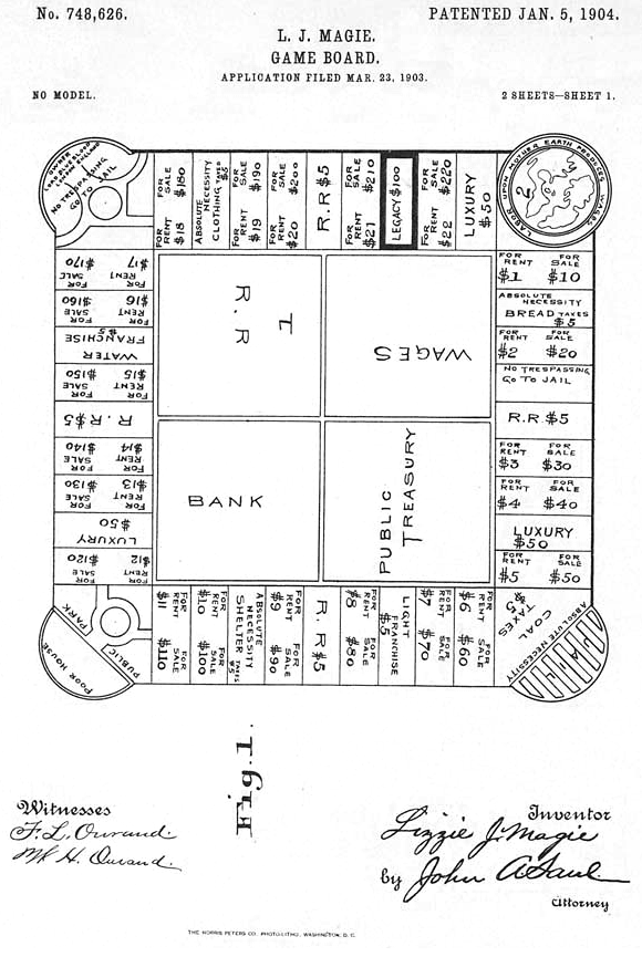 First page of patent submission for first version of Lizzie Magie’s board game, granted on January 5, 1904