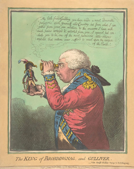 Caricature by James Gillray of George holding Napoleon in the palm of his hand, 1803.