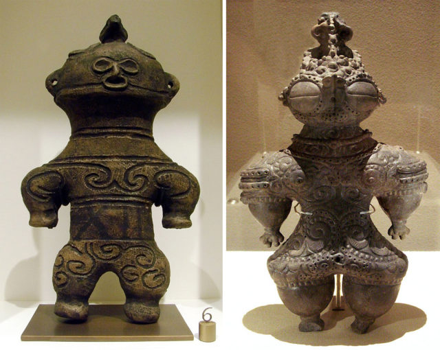 Left – Figurine Dogū, Jomon. Musée Guimet. Photo Credit. Right – Dogū, Ebisuda Site in Tajiri, Miyagi Prefecture, 1000–400 BC  Photo Credit