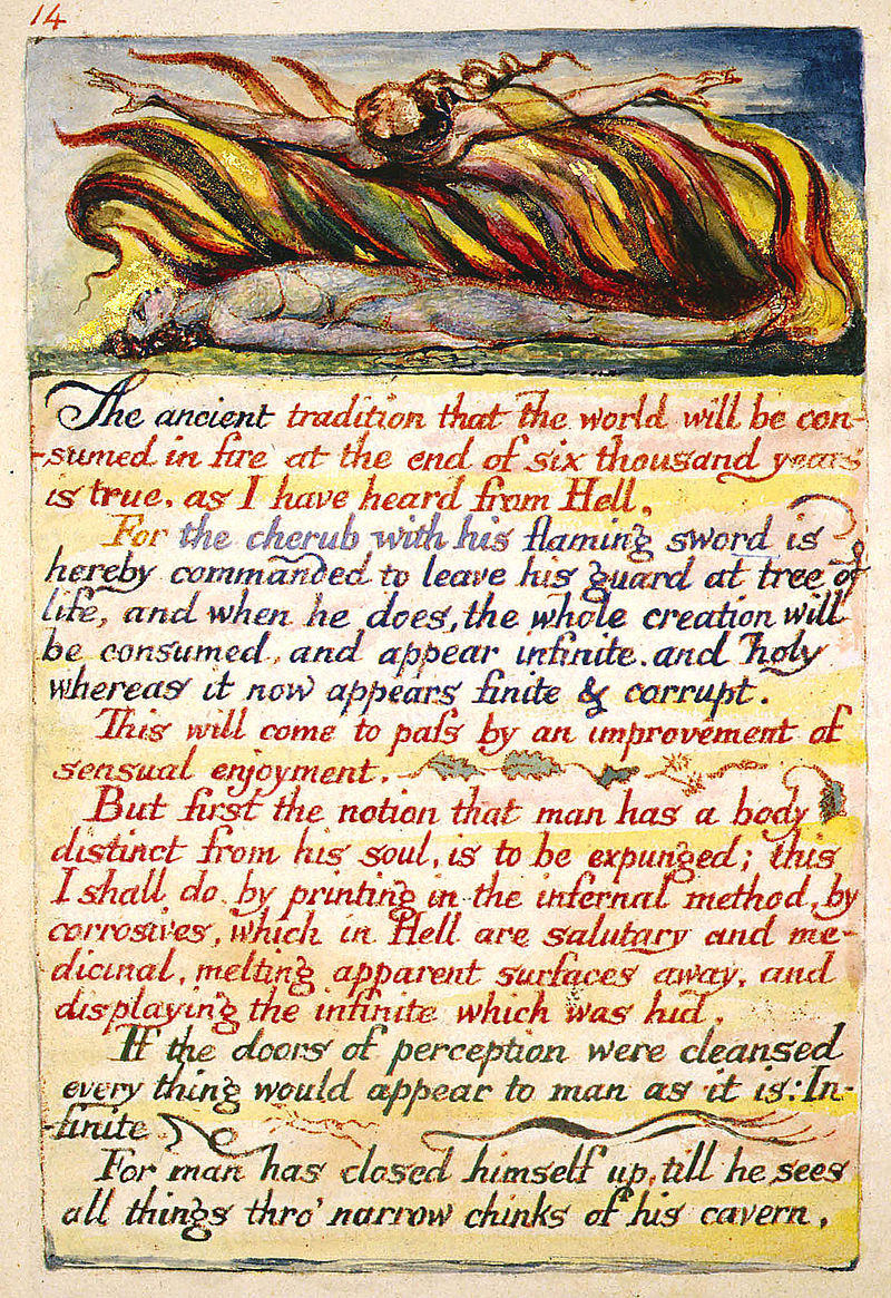 One of the copies of William Blake’s unique hand-painted editions, created for the original printing of the poem. The line from which Huxley draws the title is in the second to last paragraph. This image represents Copy H, Plate 14 of The Marriage of Heaven and Hell which is currently held at The Fitzwilliam Museum.