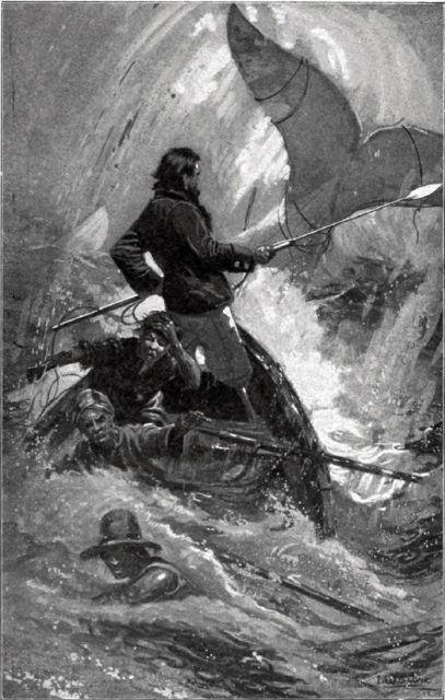 A 1902 illustration of Captain Ahab’s final battle with Moby Dick.