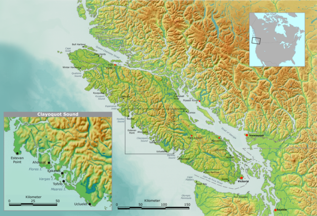 Map of Vancouver Island, with inset of Clayoquot Sound region