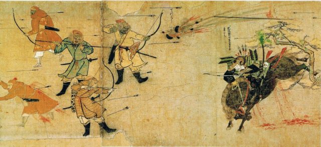 The samurai Suenaga facing Mongol arrows and bombs, circa 1293.