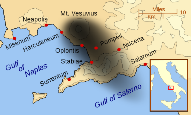 Pompeii and other cities affected by the eruption of Mount Vesuvius. The black cloud represents the general distribution of ash and cinder. Modern coastlines are shown. Photo Credit