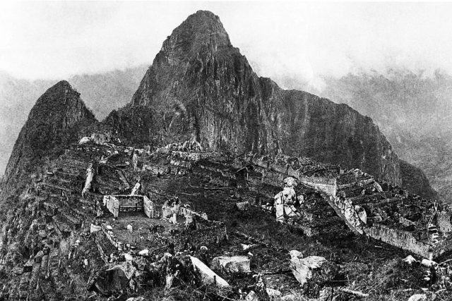 View of the city of Machu Picchu in 1912, showing the original ruins after major clearing and before modern reconstruction work began.