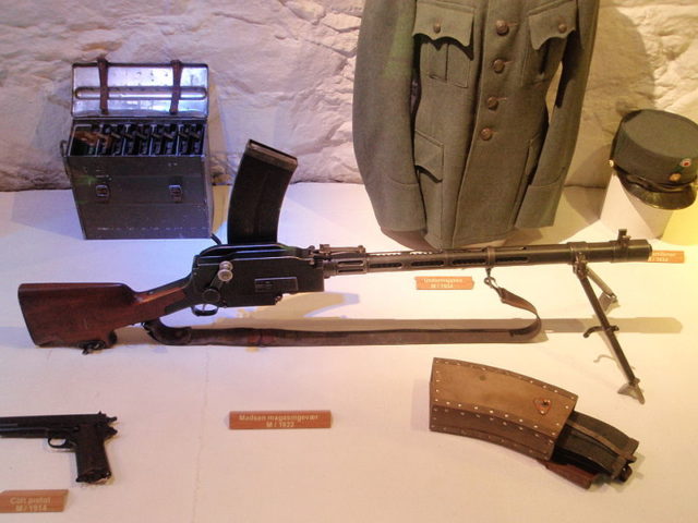 Madsen machine gun with a spare magazine on display at the Armory museum in the Archbishop’s Palace in Trondheim, Norway. Photo Credit