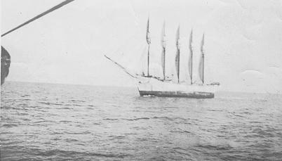 Schooner Carroll A. Deering, as seen from the Cape Lookout lightvessel on January 29, 1921, two days before she was found deserted in North Carolina. (US Coast Guard)