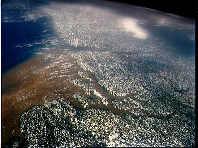 A satellite image of the Amazon river mouth (north looking south).