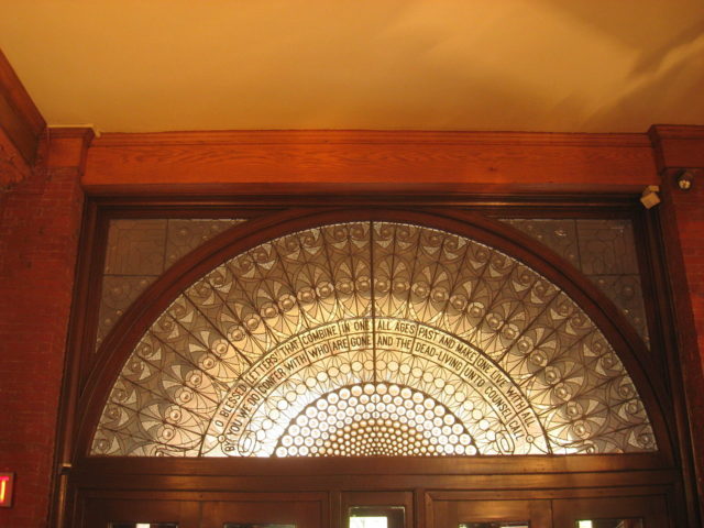 Interior view of the leaded glass fanlight (with a Shakespearean quote).