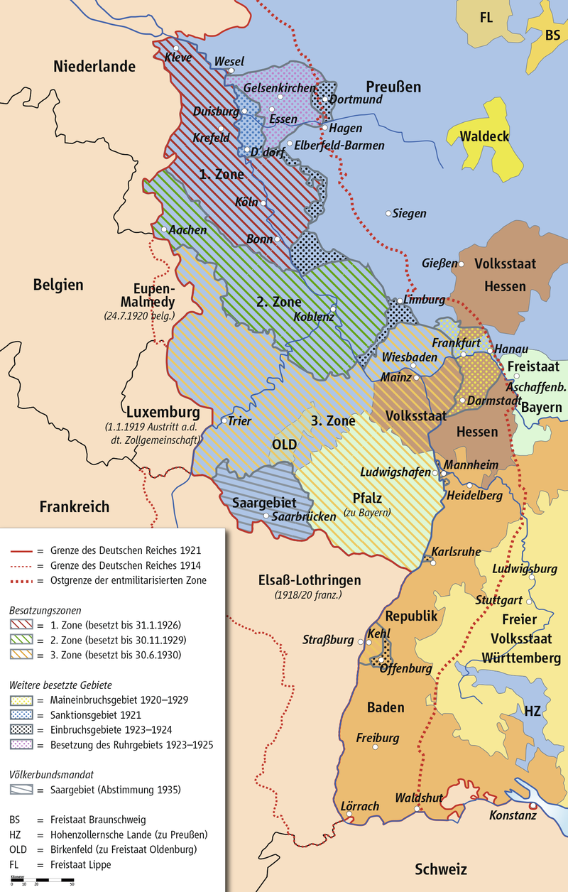 Occupation of the Rhineland after the War, the dotted line indicates the extent of the demilitarized zone  Photo Credit