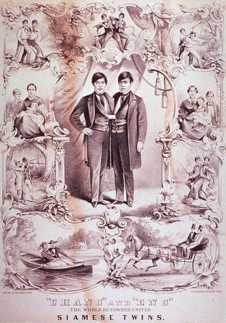 Lithograph dated from 1860 which depicts the “Siamese Twins” Chang and Eng Bunker showing them engaged in a variety of activities