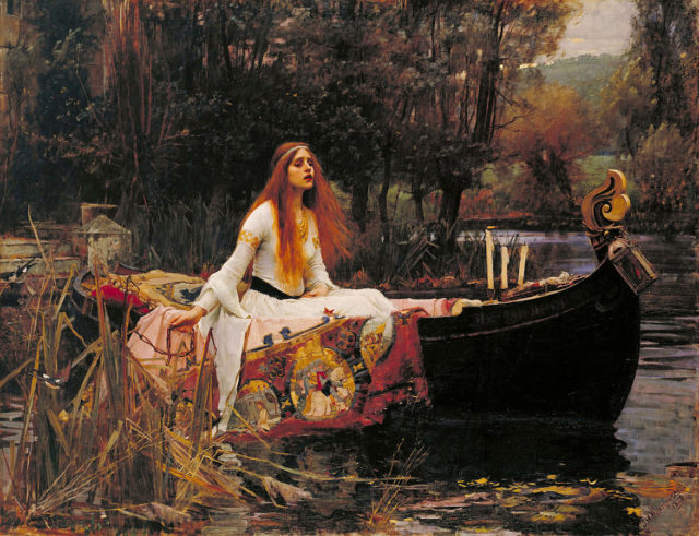 The first depiction of The Lady of Shalott, filled with metaphoric references. The symbolism of the three candles is most visible, as two of the candles are snuffed out which heralds her death. The painting is usually on display in Tate Britain, in room 1840