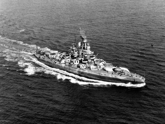 The USS Nevada off the Atlantic coast of the US, 17 September 1944. The dreadnought had a history of serving in both World Wars. At the end of World War I, Nevada was used to protect British naval supply convoys.