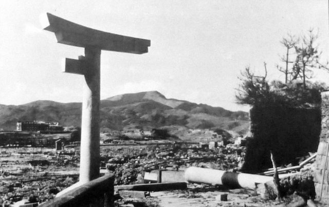 The one-legged torii and rubble after the atomic blast, 1945