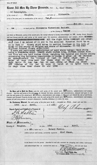 1911 bill of sale which transferred ownership of the stone from Olof Ohman to the Minnesota Historical Society for $10.